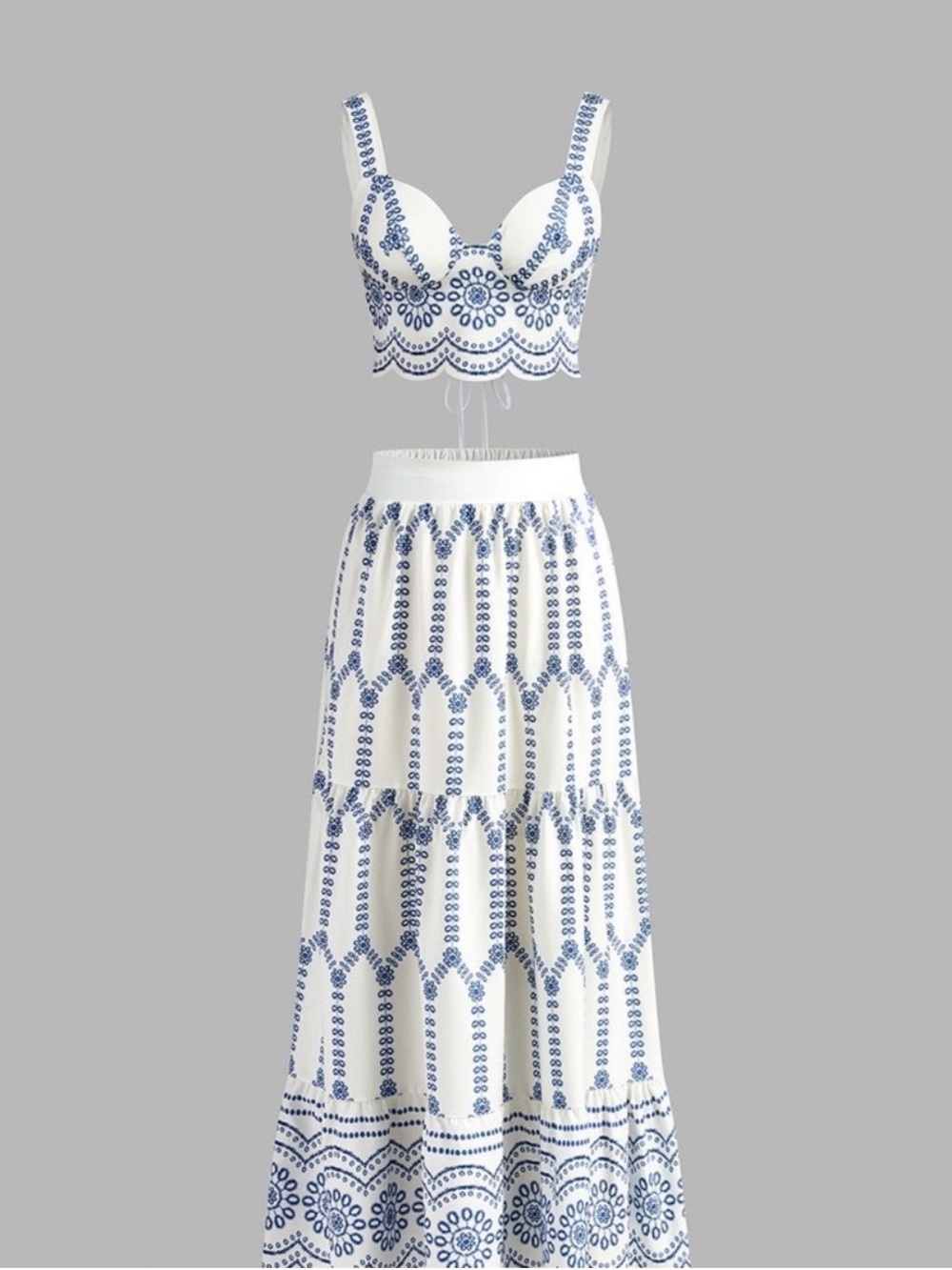 Commense White & Blue Embroidered Two-Piece Maxi Skirt Set